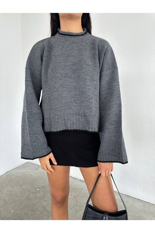 Oversize Bisiklet Yaka Şerit Detaylı Triko Kazak