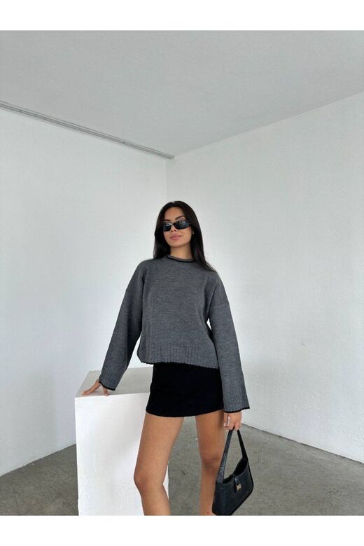 Oversize Bisiklet Yaka Şerit Detaylı Triko Kazak