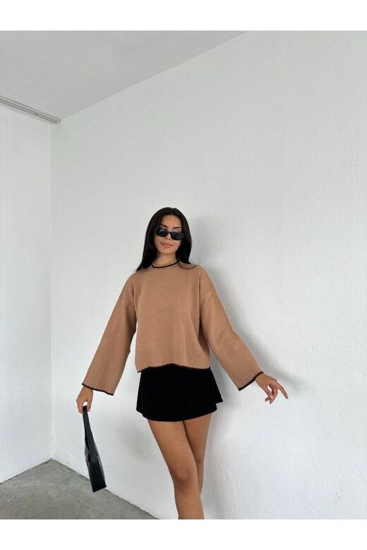 Oversize Bisiklet Yaka Şerit Detaylı Triko Kazak