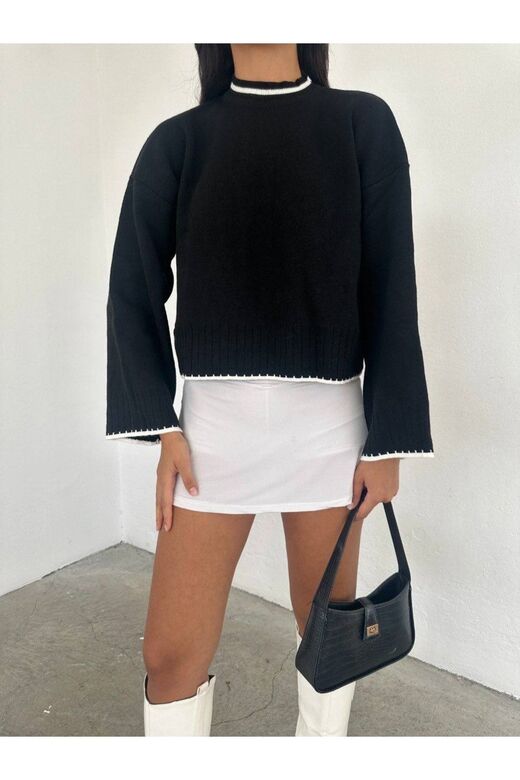 Oversize Bisiklet Yaka Şerit Detaylı Triko Kazak