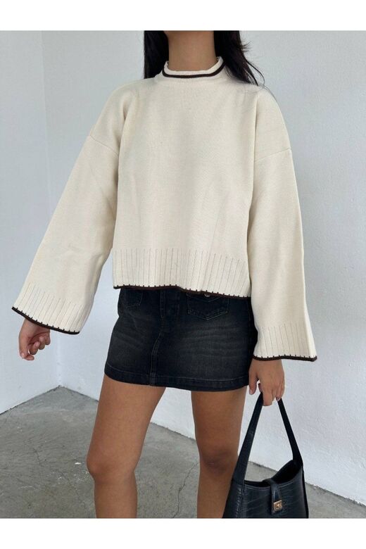 Oversize Bisiklet Yaka Şerit Detaylı Triko Kazak