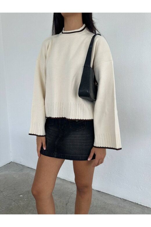 Oversize Bisiklet Yaka Şerit Detaylı Triko Kazak