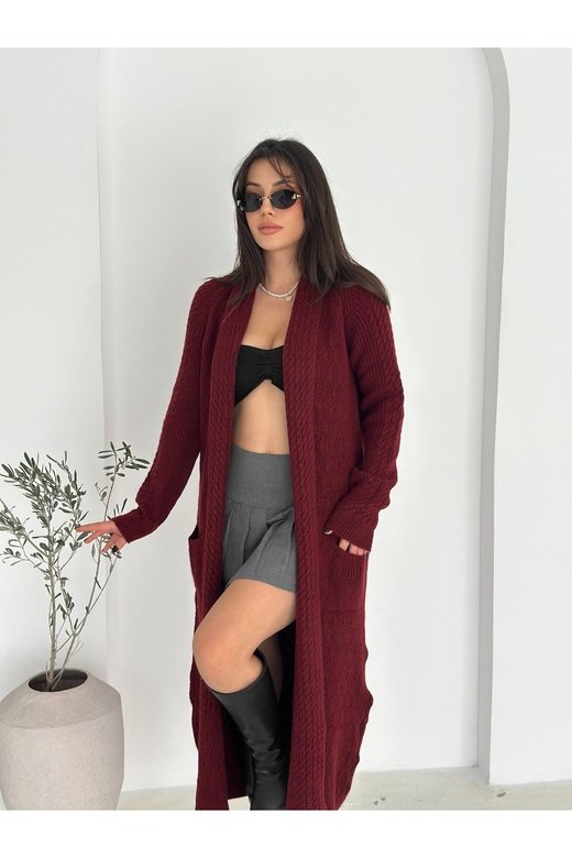 Çift Cepli Şal Yaka Uzun Triko Kumaş Hırka
