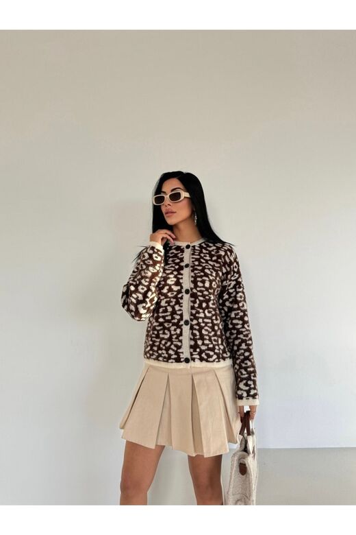 Leopar Desen Düğmeli Hırka