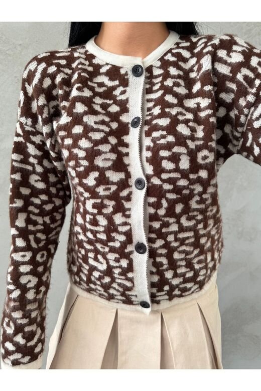 Leopar Desen Düğmeli Hırka