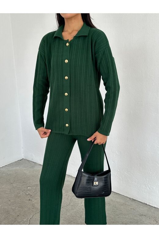 Polo Yaka Düğmeli Geniş Paça Pantolon Triko Takım