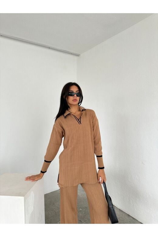 Polo V Yaka Ribana Kol  Şerit Detaylı Geniş Paçalı Triko Takım