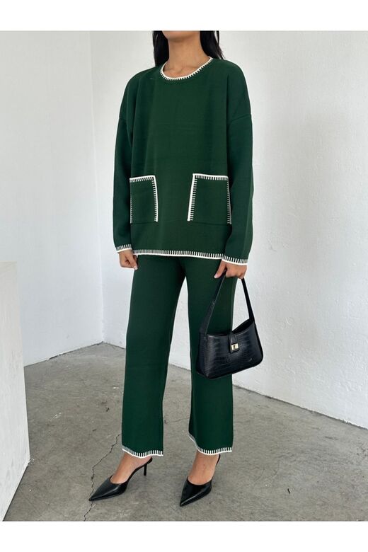 Oversize Cep Detaylı Geniş Paça Triko Takım