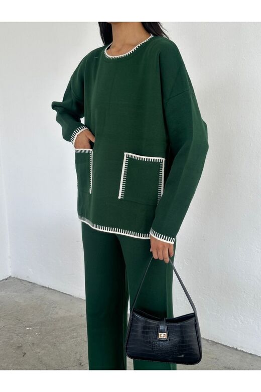 Oversize Cep Detaylı Geniş Paça Triko Takım