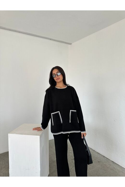 Oversize Cep Detaylı Geniş Paça Triko Takım