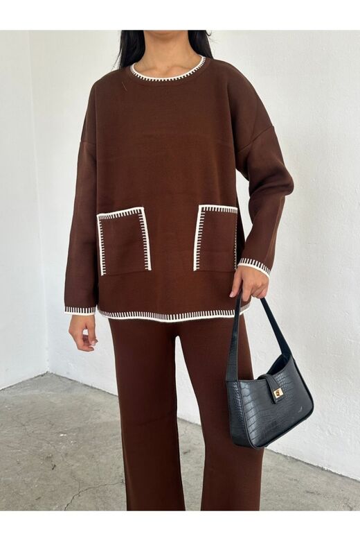 Oversize Cep Detaylı Geniş Paça Triko Takım
