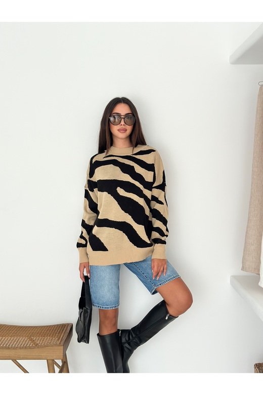 Yumuşak Doku Zebra Desen Triko Kazak