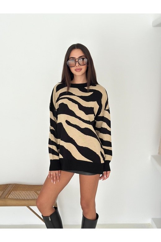 Yumuşak Doku Zebra Desen Triko Kazak