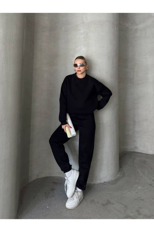 Oversize 3 I?Plik Şardonlu Bisiklet Yaka Eşofman Takım