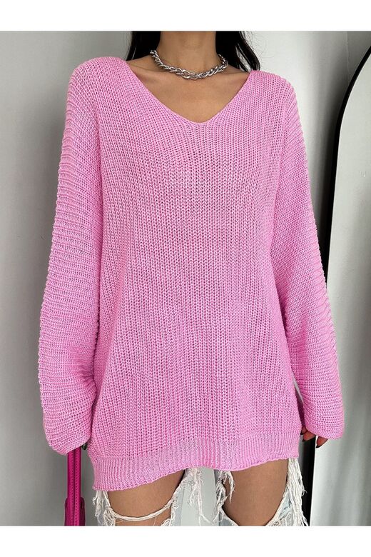 Kadın Pembe V Yaka Selanik Örgü Oversize Triko Kazak