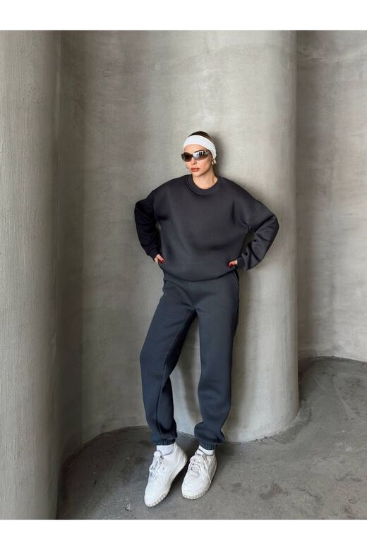 Oversize 3 İplik Şardonlu Bisiklet Yaka Eşofman Takım