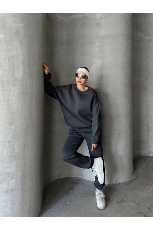 Oversize 3 İplik Şardonlu Bisiklet Yaka Eşofman Takım