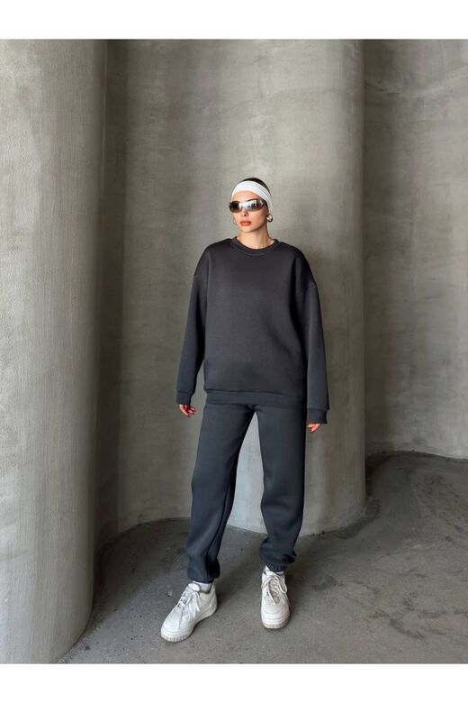 Oversize 3 İplik Şardonlu Bisiklet Yaka Eşofman Takım