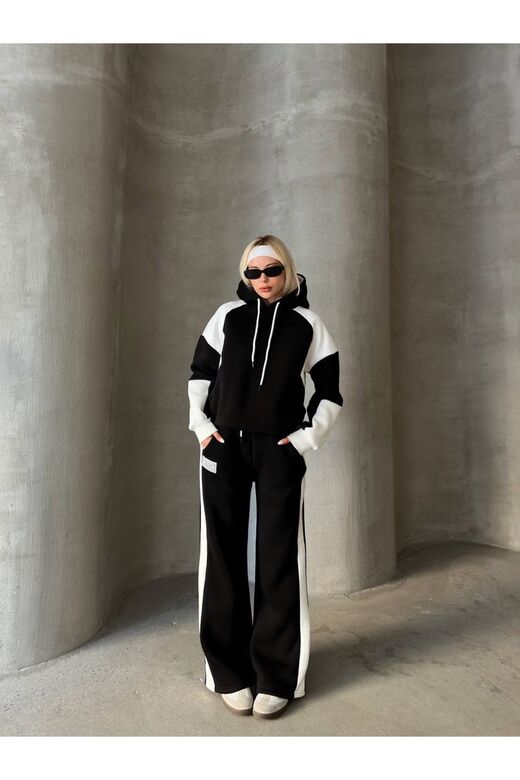 Oversize 3 İplik Şardonlu Kapşunlu Garnili Şerit Detaylı Geniş Paça Nakışlı Eşofman Takım