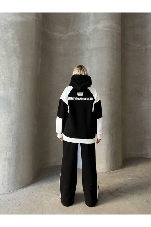 Oversize 3 İplik Şardonlu Kapşunlu Garnili Şerit Detaylı Geniş Paça Nakışlı Eşofman Takım