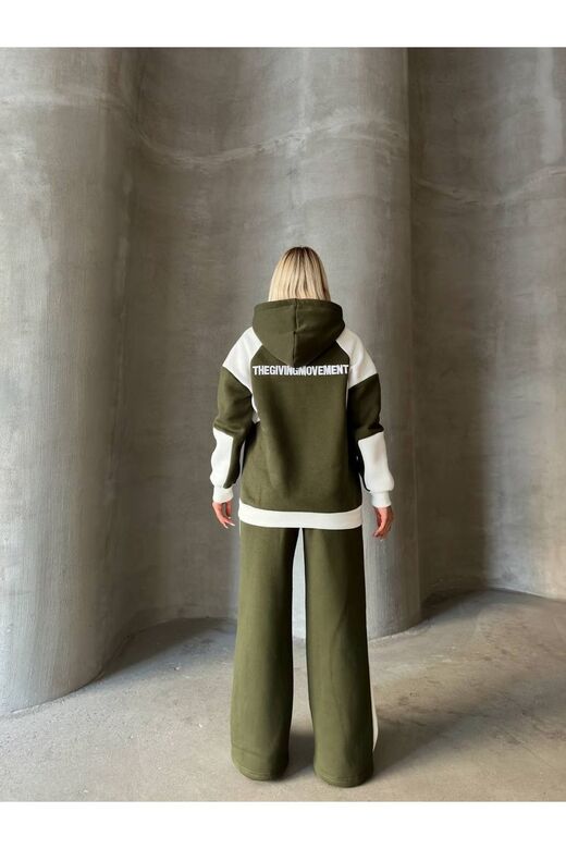 Oversize 3 İplik Şardonlu Kapşunlu Garnili Şerit Detaylı Geniş Paça Nakışlı Eşofman Takım