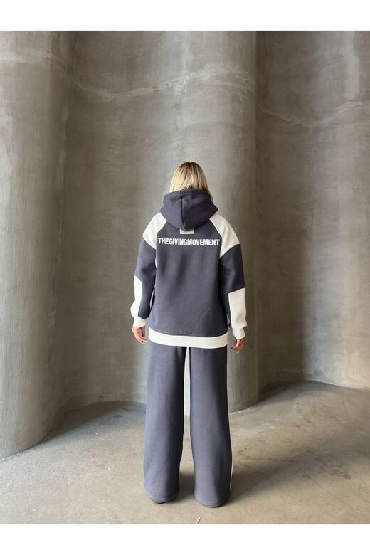 Oversize 3 İplik Şardonlu Kapşunlu Garnili Şerit Detaylı Geniş Paça Nakışlı Eşofman Takım