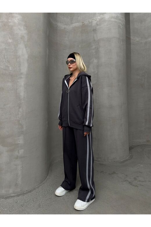 Biyeli Geniş Paça 3 İplik Şardonlu Oversize Fermuarlı Eşofman Takım