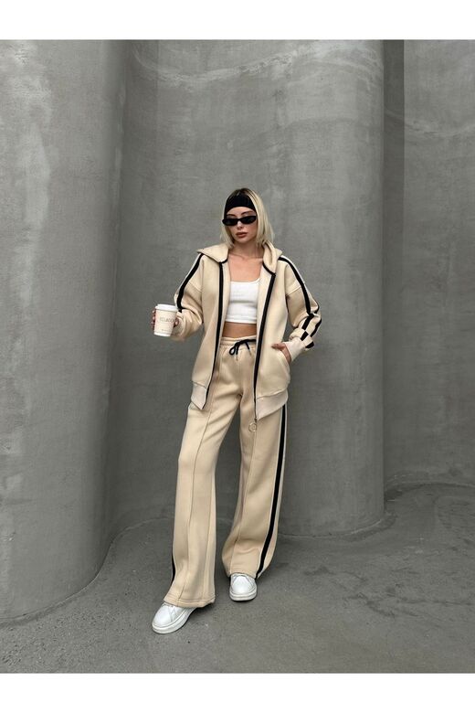 Biyeli Geniş Paça 3 İplik Şardonlu Oversize Fermuarlı Eşofman Takım