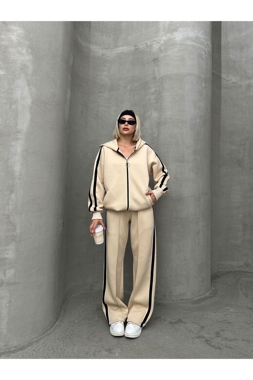Biyeli Geniş Paça 3 İplik Şardonlu Oversize Fermuarlı Eşofman Takım