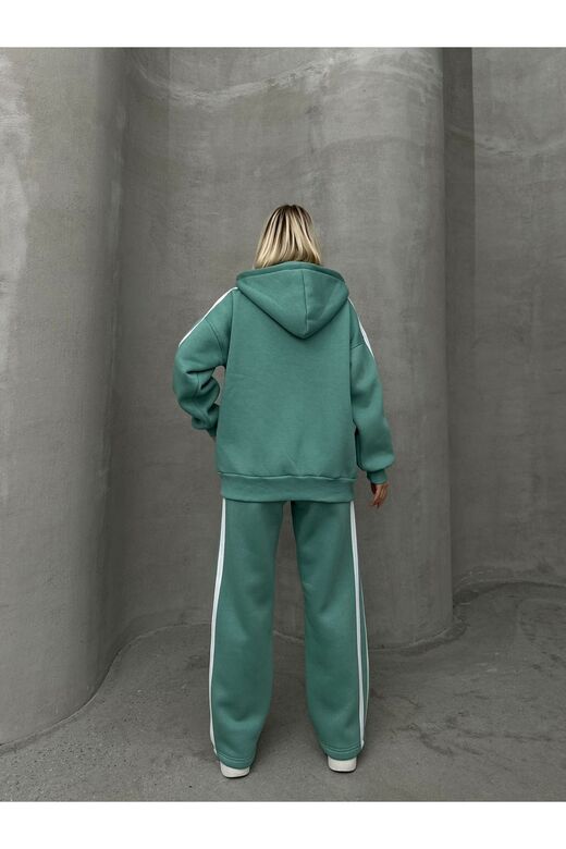 Biyeli Geniş Paça 3 İplik Şardonlu Oversize Fermuarlı Eşofman Takım