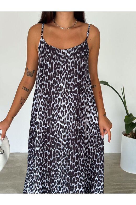 Kadın Leopar Desenli Pamuklu Ayar Askılı Poplin Salaş Elbise