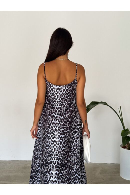 Kadın Leopar Desenli Pamuklu Ayar Askılı Poplin Salaş Elbise