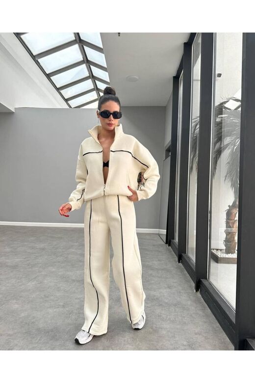 3 İplik Şardonlu Oversize Fermuarlı  Spor Eşofman Takım Bej