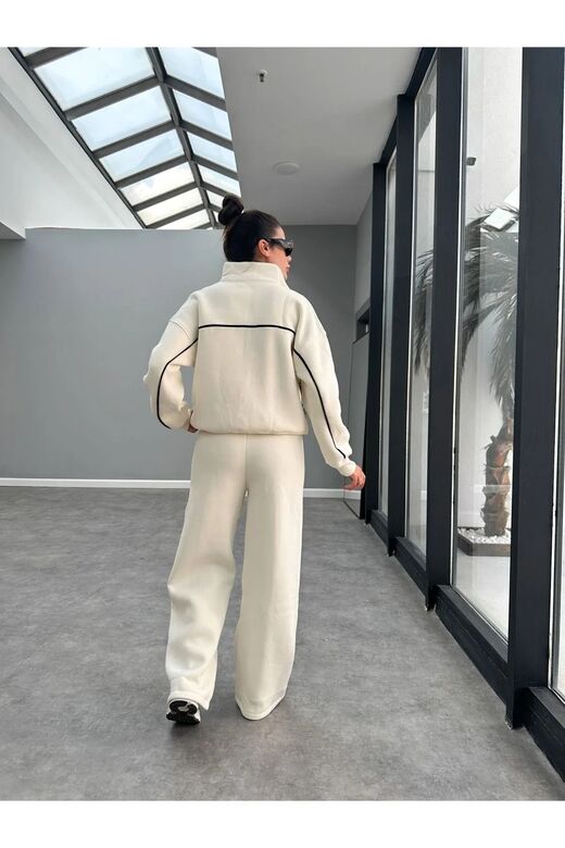 3 İplik Şardonlu Oversize Fermuarlı  Spor Eşofman Takım Bej