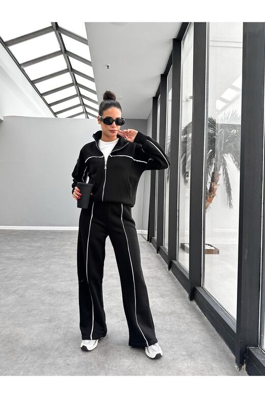 Biyeli Geniş Paça  3 İplik Şardonlu Oversize Fermuarlı Eşofman Takım