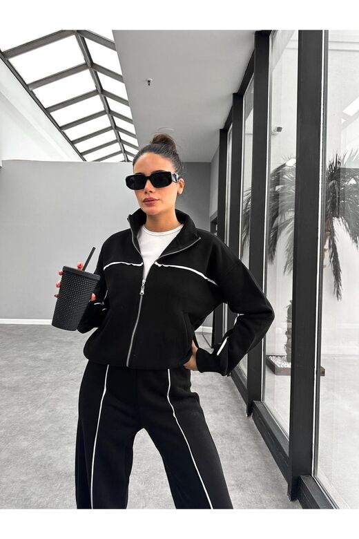 Biyeli Geniş Paça  3 İplik Şardonlu Oversize Fermuarlı Eşofman Takım