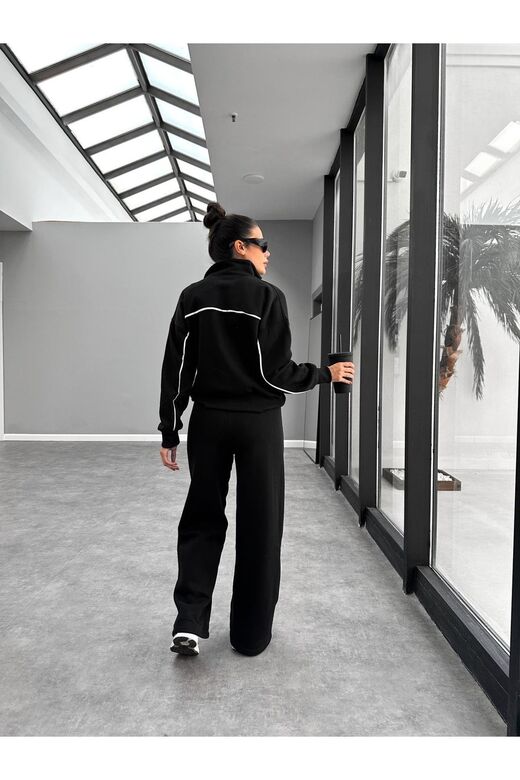 Biyeli Geniş Paça  3 İplik Şardonlu Oversize Fermuarlı Eşofman Takım