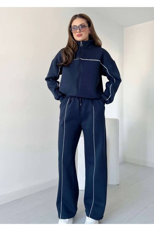 Biyeli Geniş Paça  3 İplik Şardonlu Oversize Fermuarlı Eşofman Takım