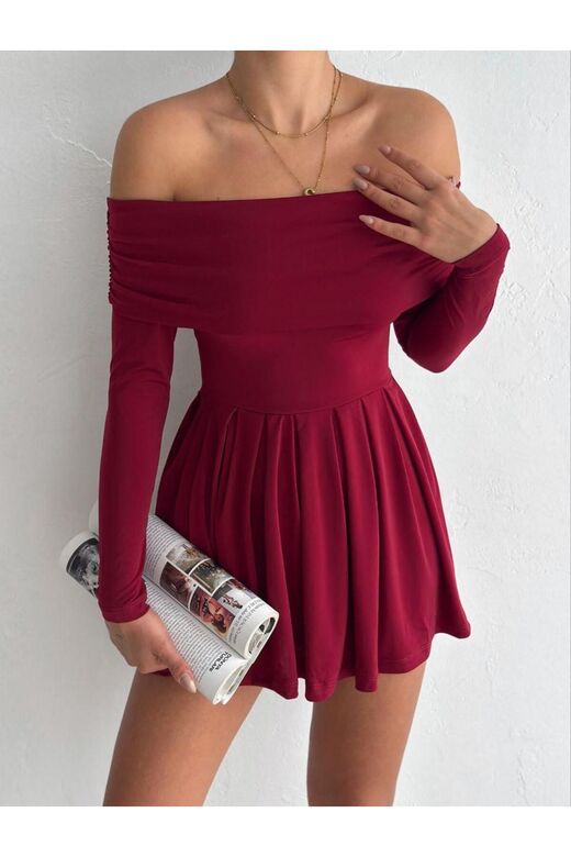 Omzu Açık Bordo Mini Elbise