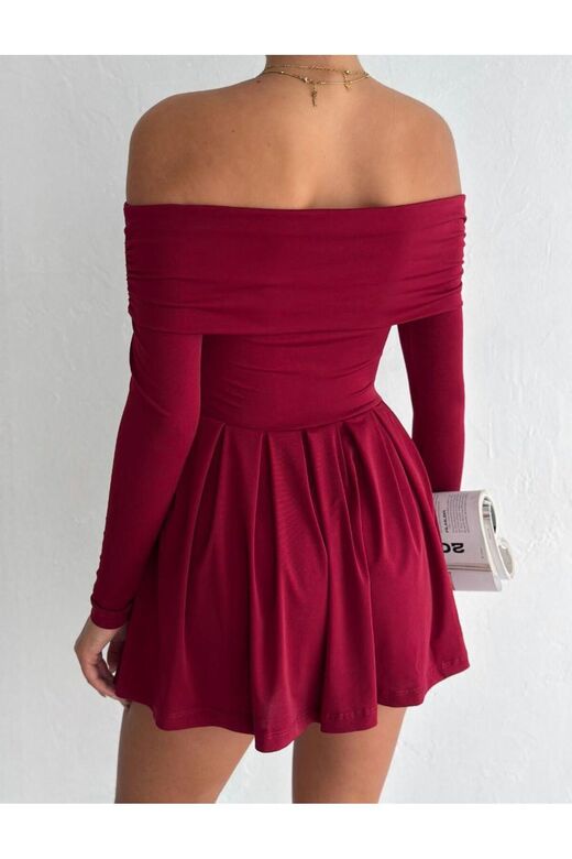 Omzu Açık Bordo Mini Elbise