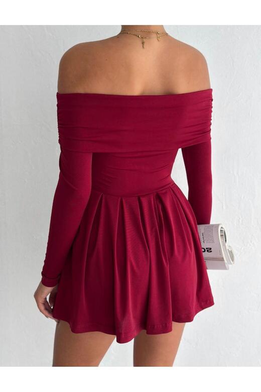 Omzu Açık Bordo Mini Elbise