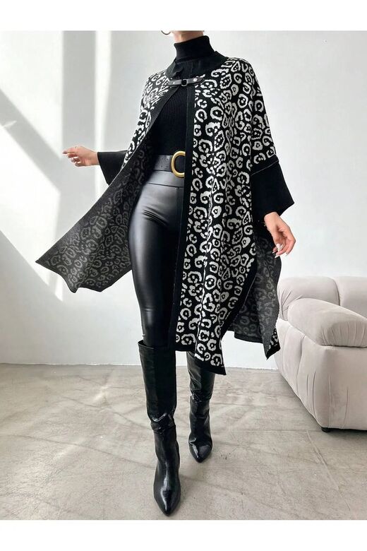 Kadın Leopar Desenli Triko Panço