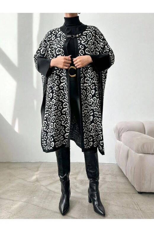 Kadın Leopar Desenli Triko Panço