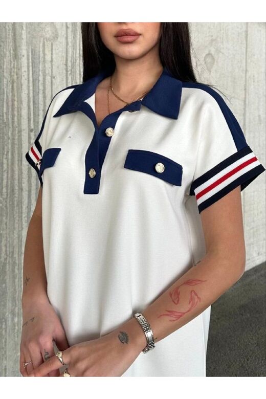 Garnili Düğmeli Polo Yaka Kol Şeritli Modal Kumaş Elbise