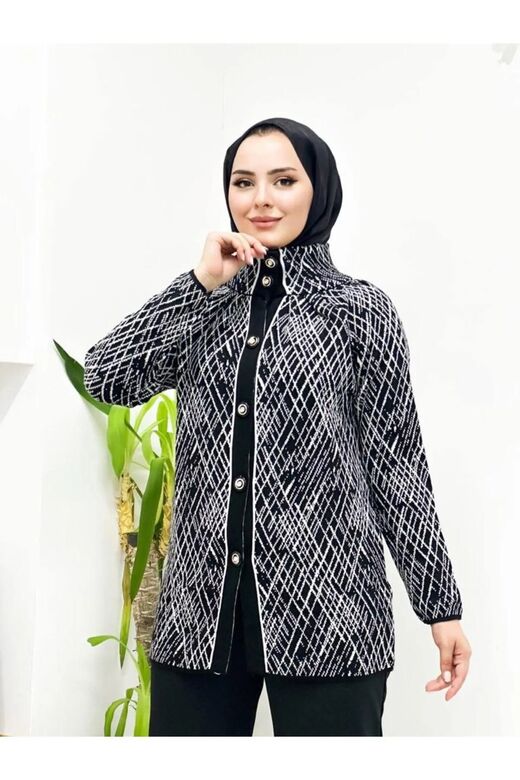 Kadın Cam Kırığı Desenli Düğmeli Hırka