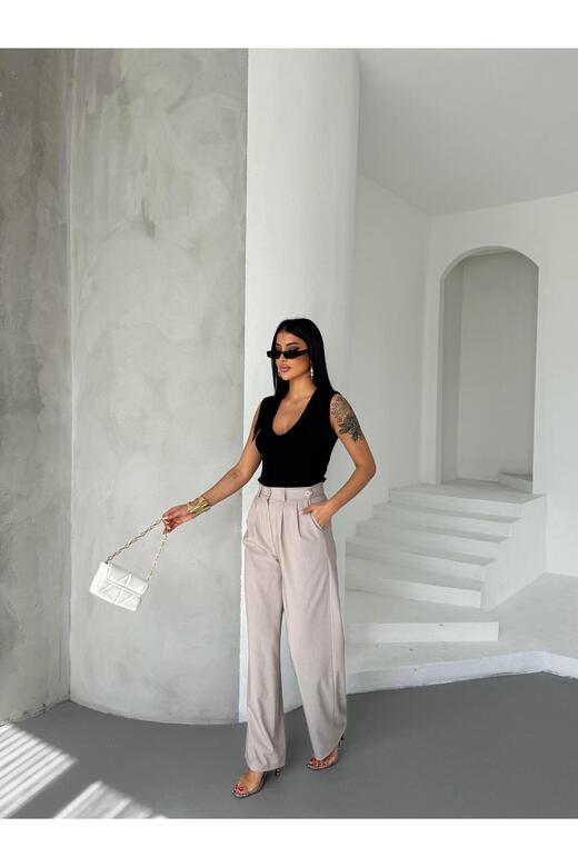 KEMER VE DÜĞME DETAYLI BOL PAÇALI PANTOLUN