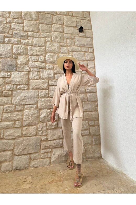 Kimono Bambu Keten Gömlekli Pantolunlu Takım