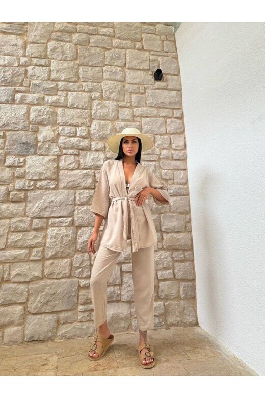 Kimono Bambu Keten Gömlekli Pantolunlu Takım