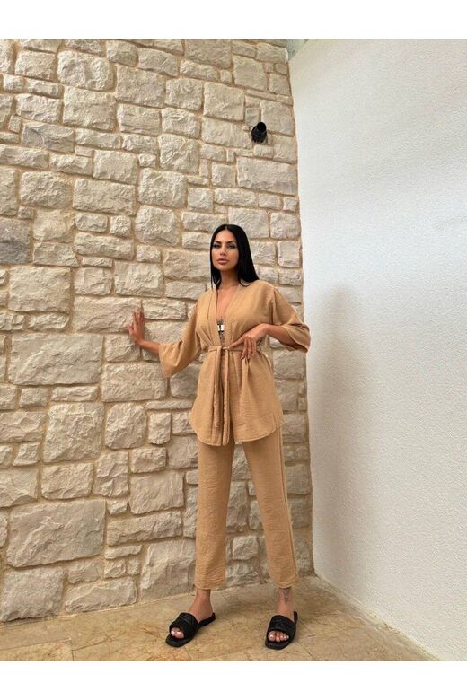 Kimono Bambu Keten Gömlekli Pantolunlu Takım
