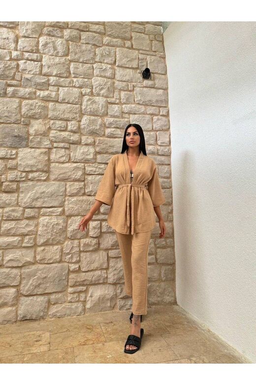 Kimono Bambu Keten Gömlekli Pantolunlu Takım